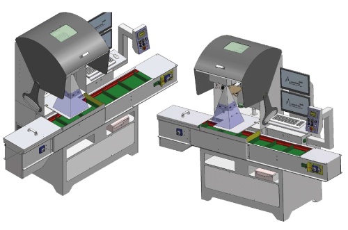 Lasermarkierungssystem mit selbstkalibrierendem TTL-Vision-System, 250 mm x 250 mm Materialzufuhr auf Förderband mit automatischer Zählung von Gut- und Ausschussteilen.